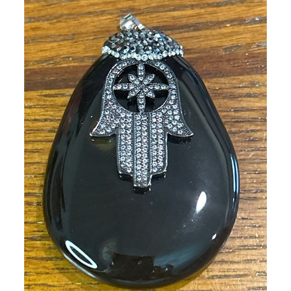 Women's Black stone Silver Hamsa Hand Pendant One Size